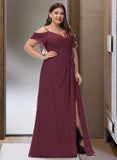 Esther A-Line V-neck Floor-Length Bridesmaid Dress With Ruffle Split Front STKP0012772