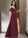 Esther A-Line V-neck Floor-Length Bridesmaid Dress With Ruffle Split Front STKP0012772