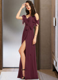 Esther A-Line V-neck Floor-Length Bridesmaid Dress With Ruffle Split Front STKP0012772