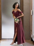 Esther A-Line V-neck Floor-Length Bridesmaid Dress With Ruffle Split Front STKP0012772