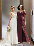 Esther A-Line V-neck Floor-Length Bridesmaid Dress With Ruffle Split Front STKP0012772