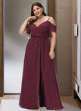 Esther A-Line V-neck Floor-Length Bridesmaid Dress With Ruffle Split Front STKP0012772