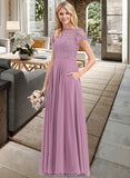 Serenity A-Line Scoop Neck Floor-Length Chiffon Lace Bridesmaid Dress With Pockets STKP0012776