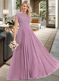 Serenity A-Line Scoop Neck Floor-Length Chiffon Lace Bridesmaid Dress With Pockets STKP0012776