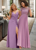 Serenity A-Line Scoop Neck Floor-Length Chiffon Lace Bridesmaid Dress With Pockets STKP0012776