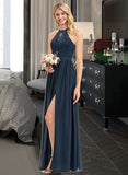 Poll A-Line Scoop Neck Floor-Length Chiffon Lace Bridesmaid Dress With Split Front STKP0012778