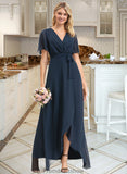 Denisse A-Line V-neck Asymmetrical Chiffon Bridesmaid Dress With Bow(s) STKP0012783