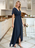 Denisse A-Line V-neck Asymmetrical Chiffon Bridesmaid Dress With Bow(s) STKP0012783