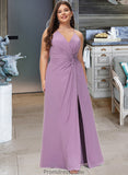 Paula A-Line V-neck Floor-Length Chiffon Bridesmaid Dress With Ruffle Split Front STKP0012784