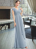 Janelle A-Line V-neck Floor-Length Bridesmaid Dress With Ruffle Split Front STKP0012787