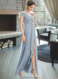 Janelle A-Line V-neck Floor-Length Bridesmaid Dress With Ruffle Split Front STKP0012787