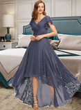 Dominique A-Line V-neck Asymmetrical Chiffon Bridesmaid Dress With Ruffle Lace STKP0012788