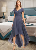 Dominique A-Line V-neck Asymmetrical Chiffon Bridesmaid Dress With Ruffle Lace STKP0012788