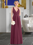 Lila A-Line V-neck Floor-Length Chiffon Bridesmaid Dress With Ruffle STKP0012789