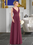 Lila A-Line V-neck Floor-Length Chiffon Bridesmaid Dress With Ruffle STKP0012789