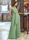 Jaylin Jumpsuit/Pantsuit High Neck Floor-Length Bridesmaid Dress With Bow(s) STKP0012792