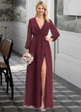 Brenda A-Line V-neck Floor-Length Chiffon Bridesmaid Dress With Ruffle Bow(s) Split Front STKP0012795