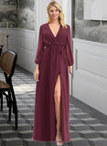 Brenda A-Line V-neck Floor-Length Chiffon Bridesmaid Dress With Ruffle Bow(s) Split Front STKP0012795