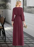 Brenda A-Line V-neck Floor-Length Chiffon Bridesmaid Dress With Ruffle Bow(s) Split Front STKP0012795