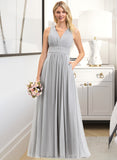 Brenna A-Line V-neck Floor-Length Chiffon Bridesmaid Dress With Ruffle Bow(s) Pockets STKP0012797