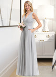 Brenna A-Line V-neck Floor-Length Chiffon Bridesmaid Dress With Ruffle Bow(s) Pockets STKP0012797