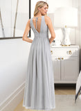 Brenna A-Line V-neck Floor-Length Chiffon Bridesmaid Dress With Ruffle Bow(s) Pockets STKP0012797