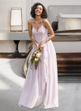 Angelica A-Line V-neck Asymmetrical Bridesmaid Dress With Ruffle Split Front STKP0012799