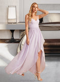 Angelica A-Line V-neck Asymmetrical Bridesmaid Dress With Ruffle Split Front STKP0012799