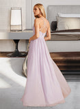 Angelica A-Line V-neck Asymmetrical Bridesmaid Dress With Ruffle Split Front STKP0012799