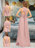 Eileen A-Line One-Shoulder Halter V-neck Floor-Length Chiffon Bridesmaid Dress With Ruffle STKP0012813