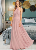 Eileen A-Line One-Shoulder Halter V-neck Floor-Length Chiffon Bridesmaid Dress With Ruffle STKP0012813