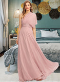 Eileen A-Line One-Shoulder Halter V-neck Floor-Length Chiffon Bridesmaid Dress With Ruffle STKP0012813