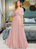 Eileen A-Line One-Shoulder Halter V-neck Floor-Length Chiffon Bridesmaid Dress With Ruffle STKP0012813