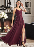 Amira A-Line V-neck Floor-Length Bridesmaid Dress With Ruffle Split Front STKP0012815