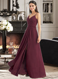 Amira A-Line V-neck Floor-Length Bridesmaid Dress With Ruffle Split Front STKP0012815