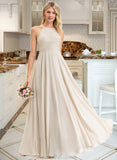 Kiersten A-Line Scoop Neck Floor-Length Chiffon Lace Bridesmaid Dress With Pockets STKP0012817