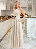 Kiersten A-Line Scoop Neck Floor-Length Chiffon Lace Bridesmaid Dress With Pockets STKP0012817