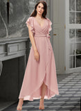 Brooke A-line V-Neck Asymmetrical Chiffon Bridesmaid Dress With Ruffle STKP0012818