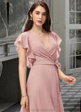 Brooke A-line V-Neck Asymmetrical Chiffon Bridesmaid Dress With Ruffle STKP0012818