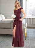 Clare A-Line Off-the-Shoulder Floor-Length Chiffon Bridesmaid Dress With Ruffle Split Front Pockets STKP0012819