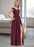 Clare A-Line Off-the-Shoulder Floor-Length Chiffon Bridesmaid Dress With Ruffle Split Front Pockets STKP0012819