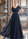 Elvira A-Line V-neck Floor-Length Chiffon Bridesmaid Dress STKP0012821