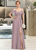 Sanaa A-Line V-neck Floor-Length Chiffon Bridesmaid Dress With Ruffle Split Front Cascading Ruffles STKP0012822