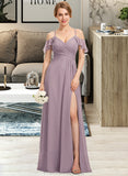 Sanaa A-Line V-neck Floor-Length Chiffon Bridesmaid Dress With Ruffle Split Front Cascading Ruffles STKP0012822