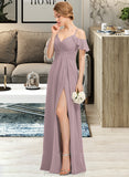 Sanaa A-Line V-neck Floor-Length Chiffon Bridesmaid Dress With Ruffle Split Front Cascading Ruffles STKP0012822