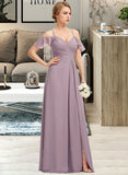 Sanaa A-Line V-neck Floor-Length Chiffon Bridesmaid Dress With Ruffle Split Front Cascading Ruffles STKP0012822