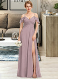 Sanaa A-Line V-neck Floor-Length Chiffon Bridesmaid Dress With Ruffle Split Front Cascading Ruffles STKP0012822