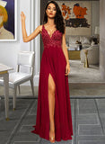 Aubree A-Line V-neck Floor-Length Chiffon Bridesmaid Dress With Lace Sequins Split Front STKP0012830