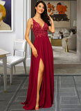 Aubree A-Line V-neck Floor-Length Chiffon Bridesmaid Dress With Lace Sequins Split Front STKP0012830