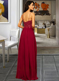 Aubree A-Line V-neck Floor-Length Chiffon Bridesmaid Dress With Lace Sequins Split Front STKP0012830